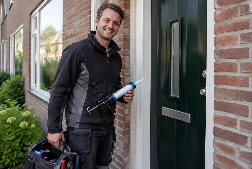 Vakman van Kitbedrijf Driel bij de voordeur van een woning